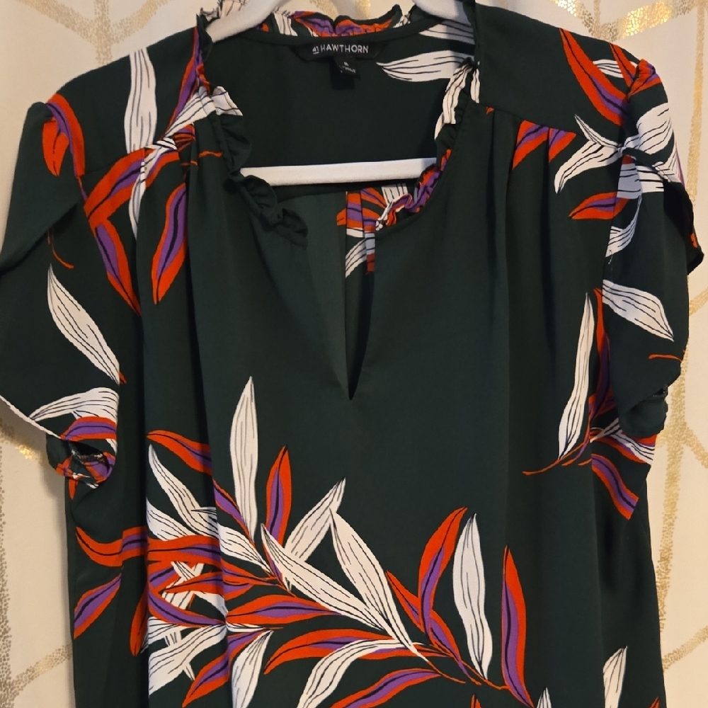 41 Hawthorn Forest Green Blouse with Vibrant Leaf Pattern